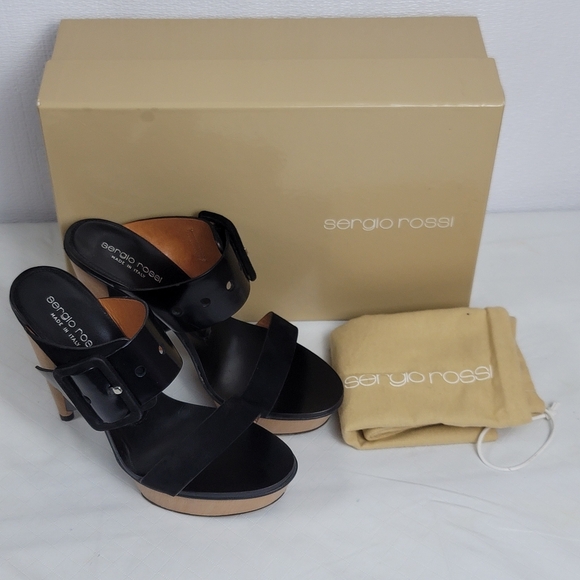 Sergio Rossi Suede Leather Buckle Wood Platform Cone Heels Slides Sandals Sz 37 - Picture 13 of 15